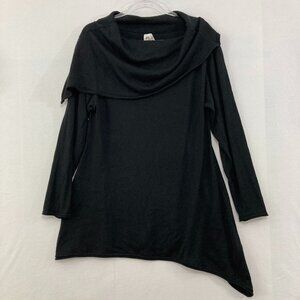 Planet by Lauren G Black Cowl Neck Asymmetric Pima Cotton Light Sweater One Size